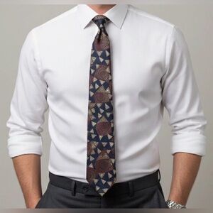 VTG 90s Bugle Boy Silk Tie Abstract Geometric Art Deco Revival Earth Tone Retro